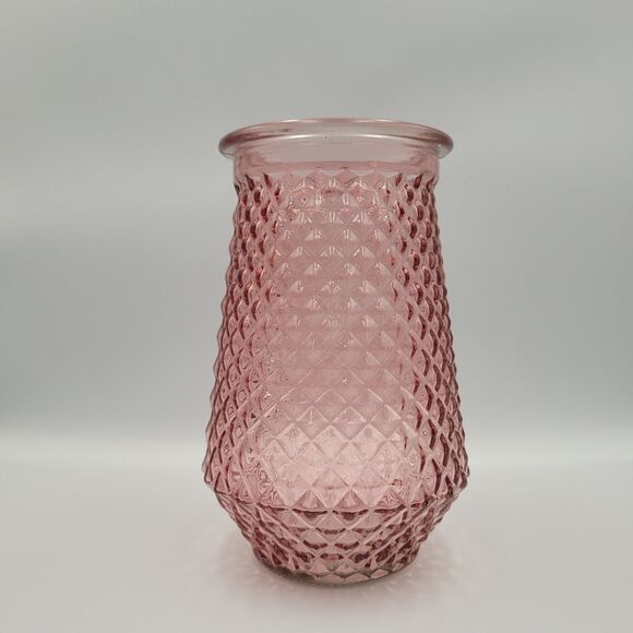 Vintage Pink Glass Diamond Cut Flower Vase 7.75" Country Cottage Traditional - Picture 1 of 9